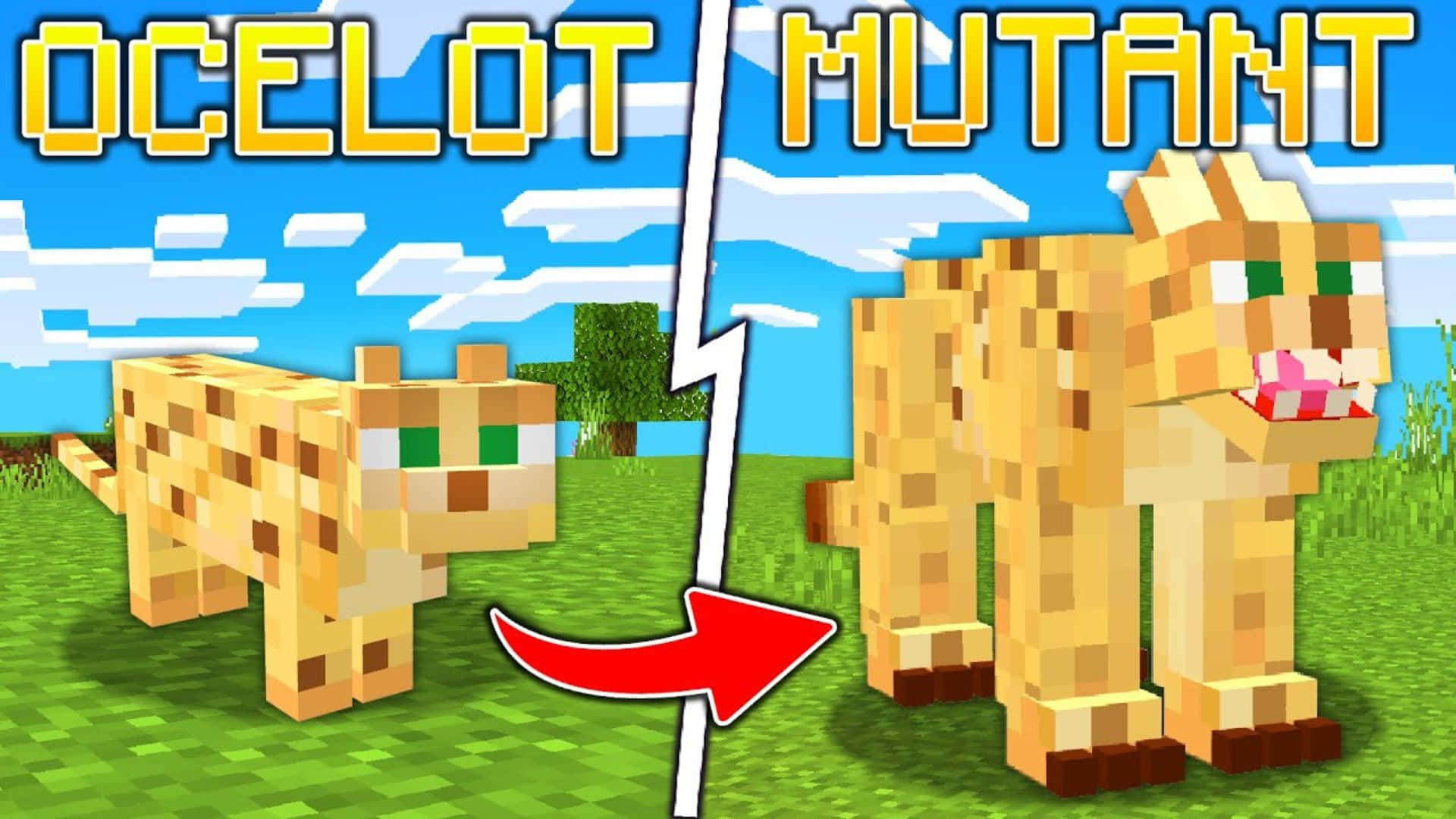 Minecraft Ocelot 桌布 壁紙 — 一個像素化的Minecraft豹貓在草地天空背景下變形成為一個更大的突變形態，帶有尖銳的牙齒。