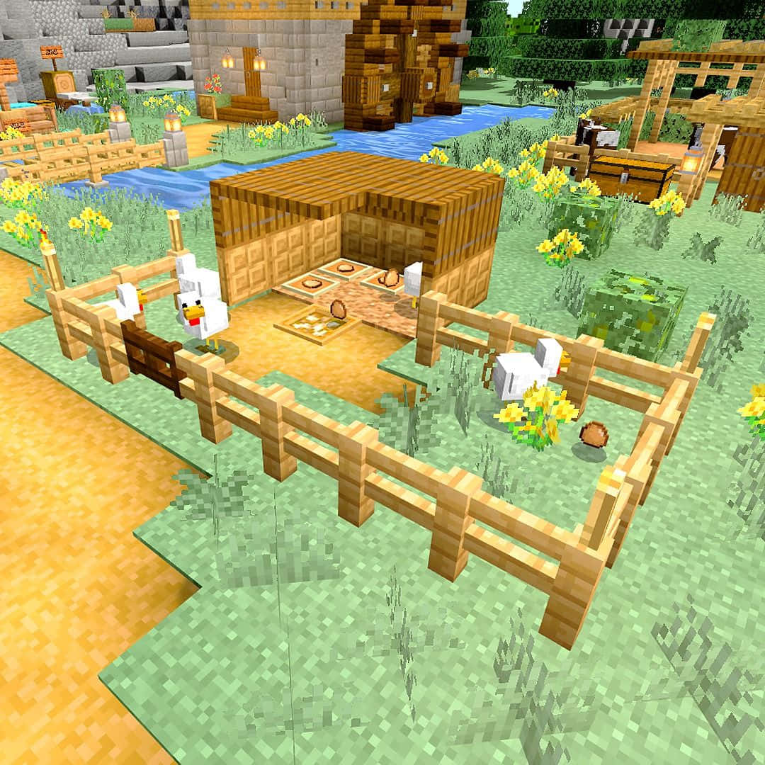 Minecraft Bedrock Edition 桌布 壁紙 — 一個像素化的Minecraft農場，有木柵欄、雞和一個被草和黃色花朵包圍的鵝卵石房子。