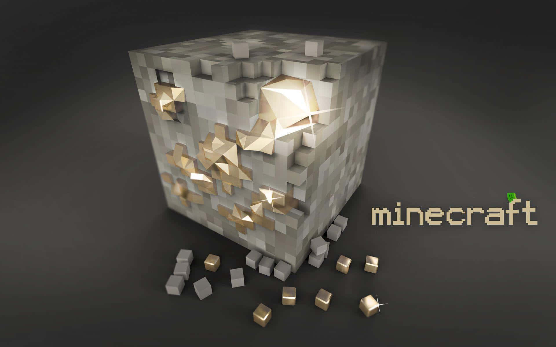 可愛 Minecraft 桌布 壁紙 — 一個像素化的Minecraft金磚，表面嵌有發光的金錠，並散落在黑暗背景上。