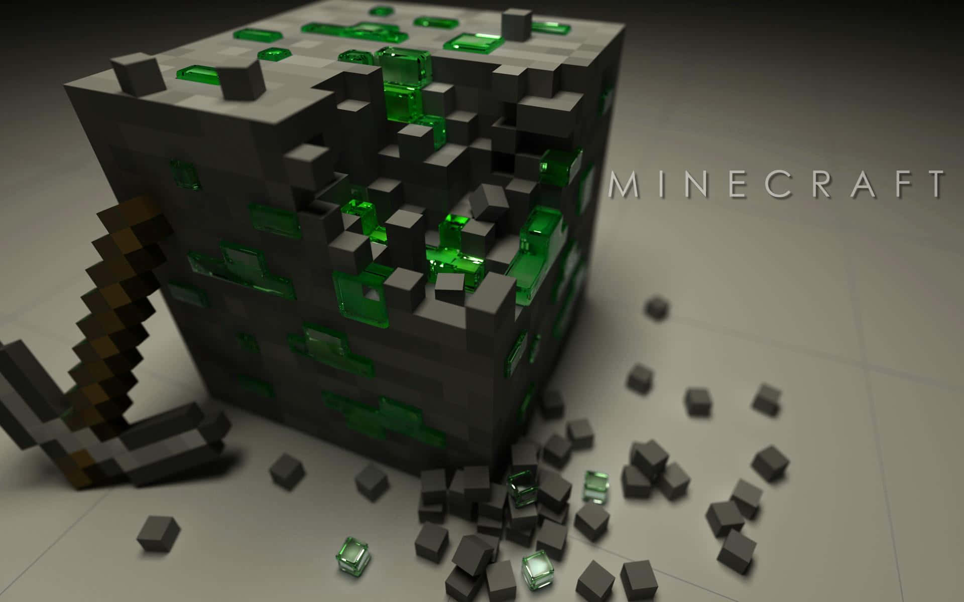 Minecraft Emeralds 桌布 壁紙 — 一個像素化的Minecraft鑽石礦石方塊，灰色立方體中嵌有發光的綠色寶石，部分破碎，瓷磚地板上散落著方塊。