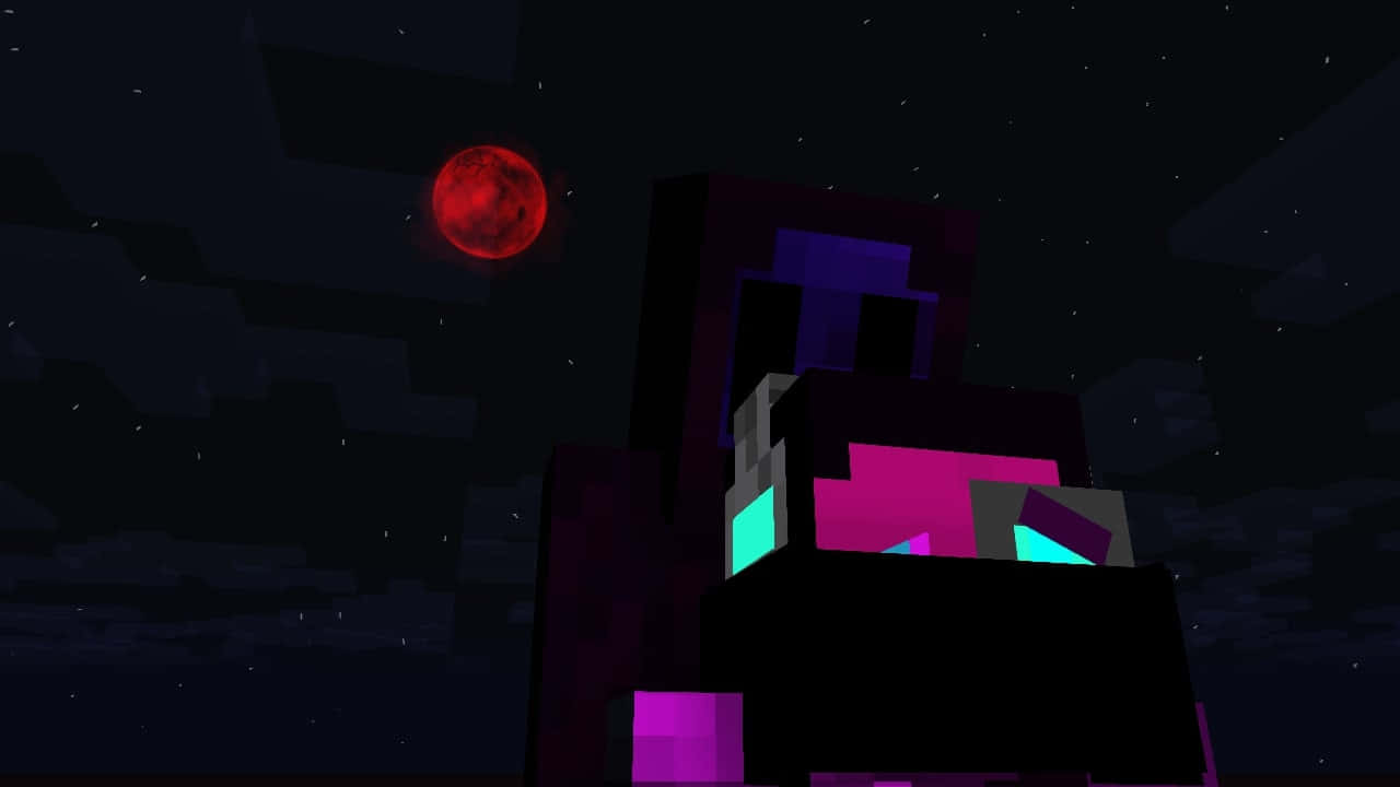 Creepypasta 桌布 壁紙 — 一個像素化的Minecraft風格生物，擁有發光的粉紅色和青色眼睛，站在紅色月亮下，背景是星空夜空。