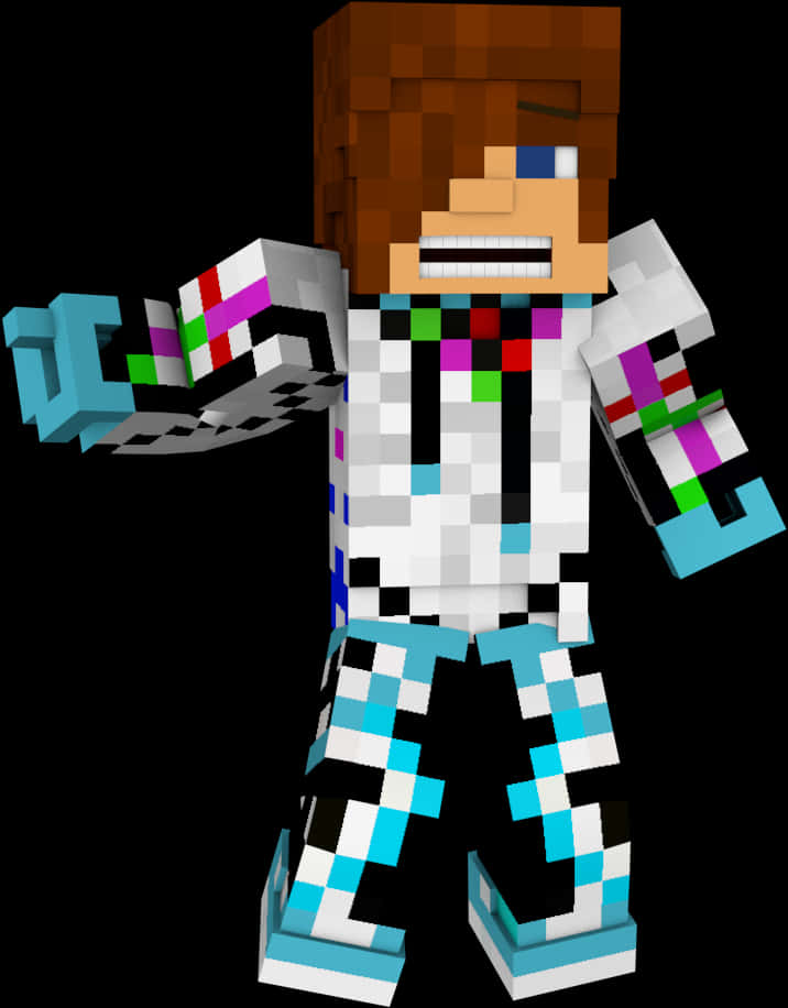 Minecraft Character 桌布 壁紙 — 一個像素化的Minecraft風格角色，棕色頭髮，穿著彩色格子服裝，在黑色背景前擺姿勢。
