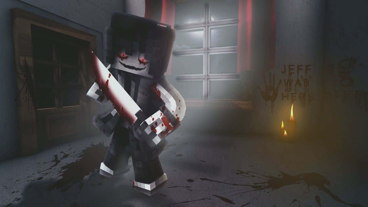 Jeff The Killer 桌布 壁紙 — 一個像素化的Minecraft風格殺手，手持血淋淋的刀，站在一個昏暗、鬧鬼的房間裡，有塗鴉和燭光。