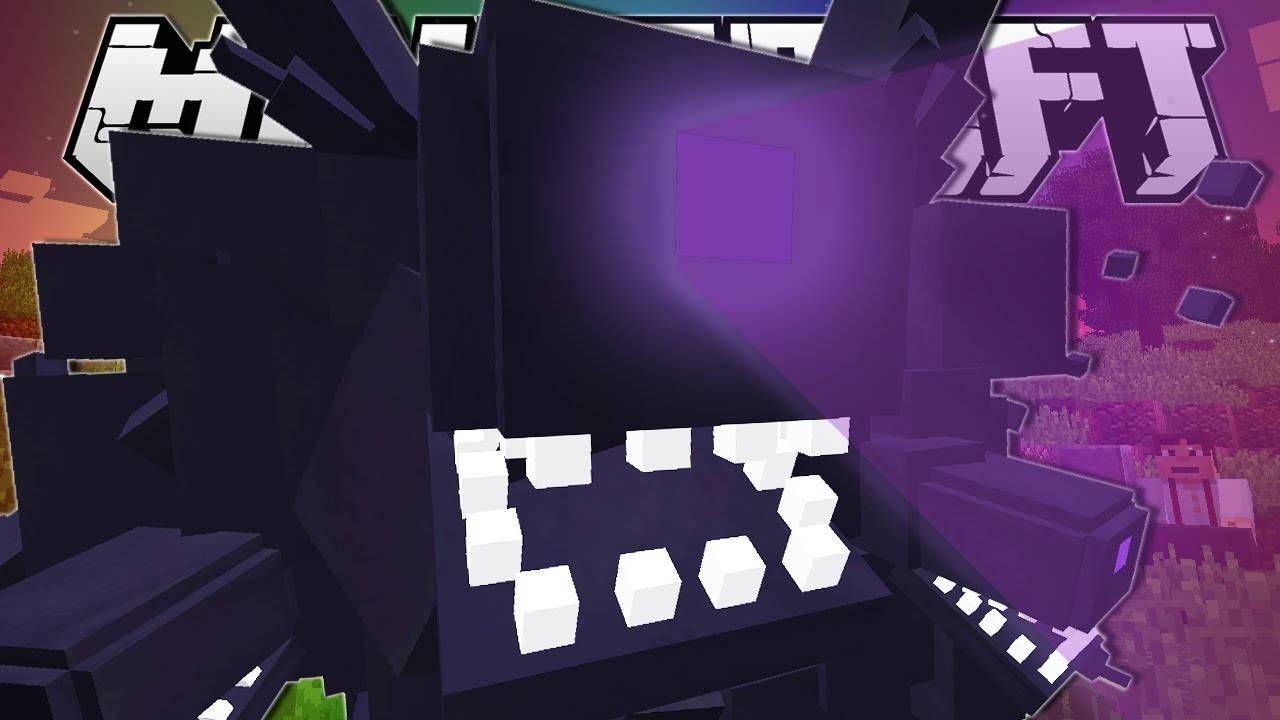 Wither 桌布 壁紙 — 一個像素化的Minecraft風格場景，帶有紫色發光方塊和白色方塊文字，背景是充滿活力的日落天空。