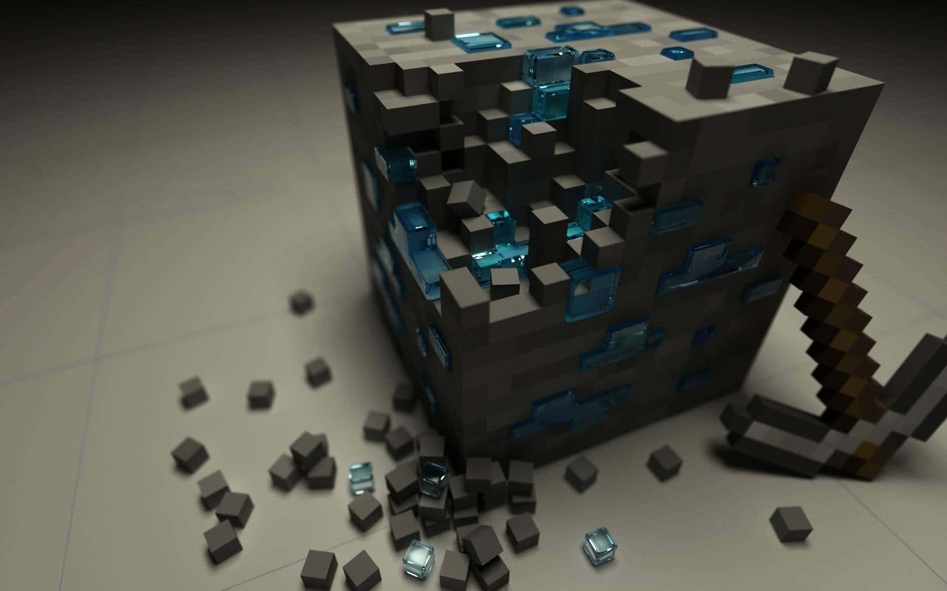 可愛 Minecraft 桌布 壁紙 — 一個像素化的Minecraft風格方塊，上面嵌有藍色玻璃碎片，灰色立方體散落在瓷磚地板上。