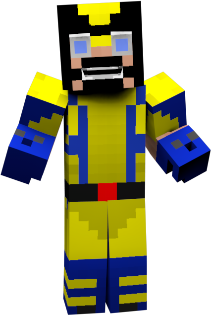 電玩遊戲 桌布 壁紙 — 一個像素化的Minecraft風格角色，身穿黃藍色超級英雄服裝，配紅色腰帶，站在黑色背景前。