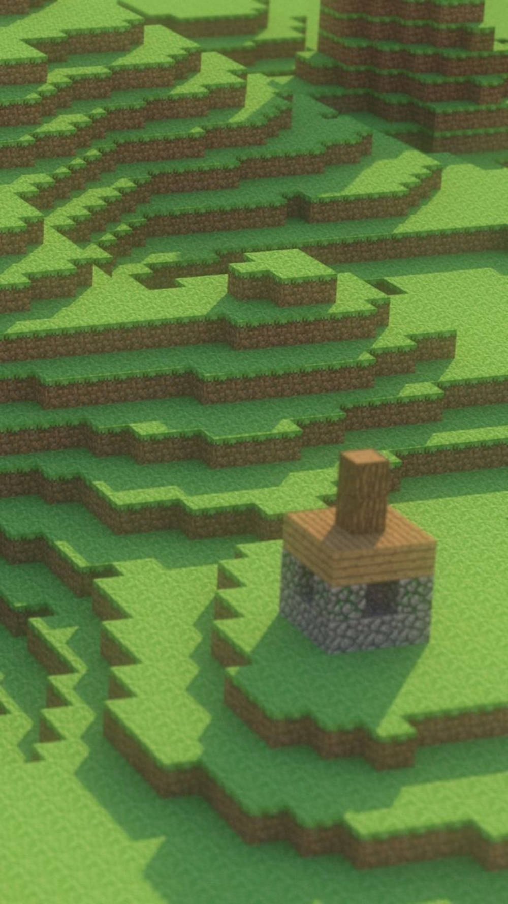 我的世界 高畫質壁紙 桌布 壁紙 — 一個像素化的Minecraft風格景觀，有起伏的綠色山丘和一座嵌在地形中的小型石木屋。