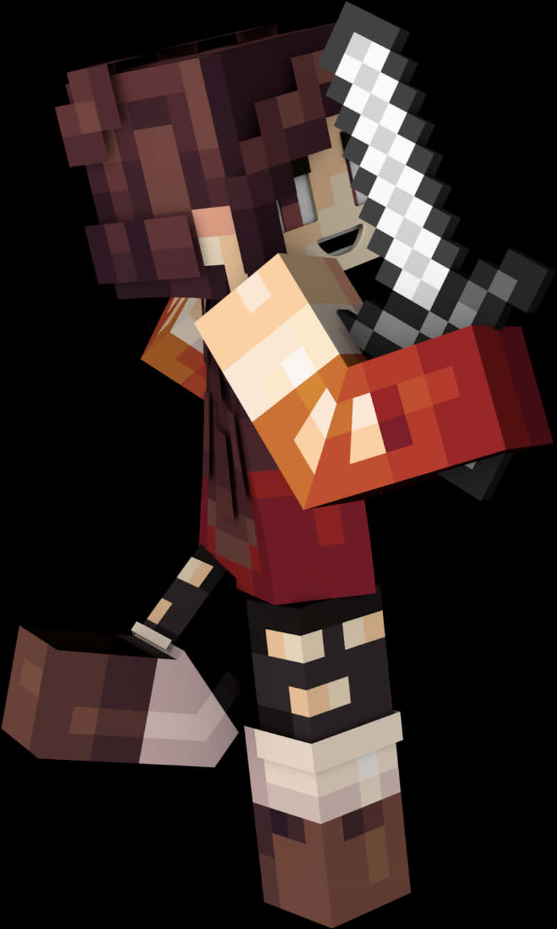 Minecraft Character 桌布 壁紙 — 一個像素化的Minecraft風格角色，棕色頭髮，在黑色背景上揮舞著劍。