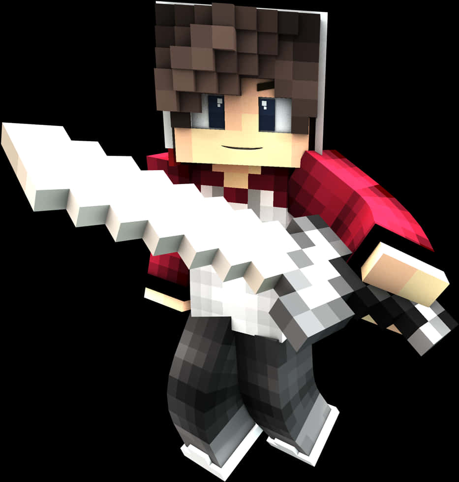 Minecraft Character 桌布 壁紙 — 一個像素化的Minecraft風格角色，棕色頭髮，紅色襯衫，在黑色背景前揮舞著一把巨大的白色劍。