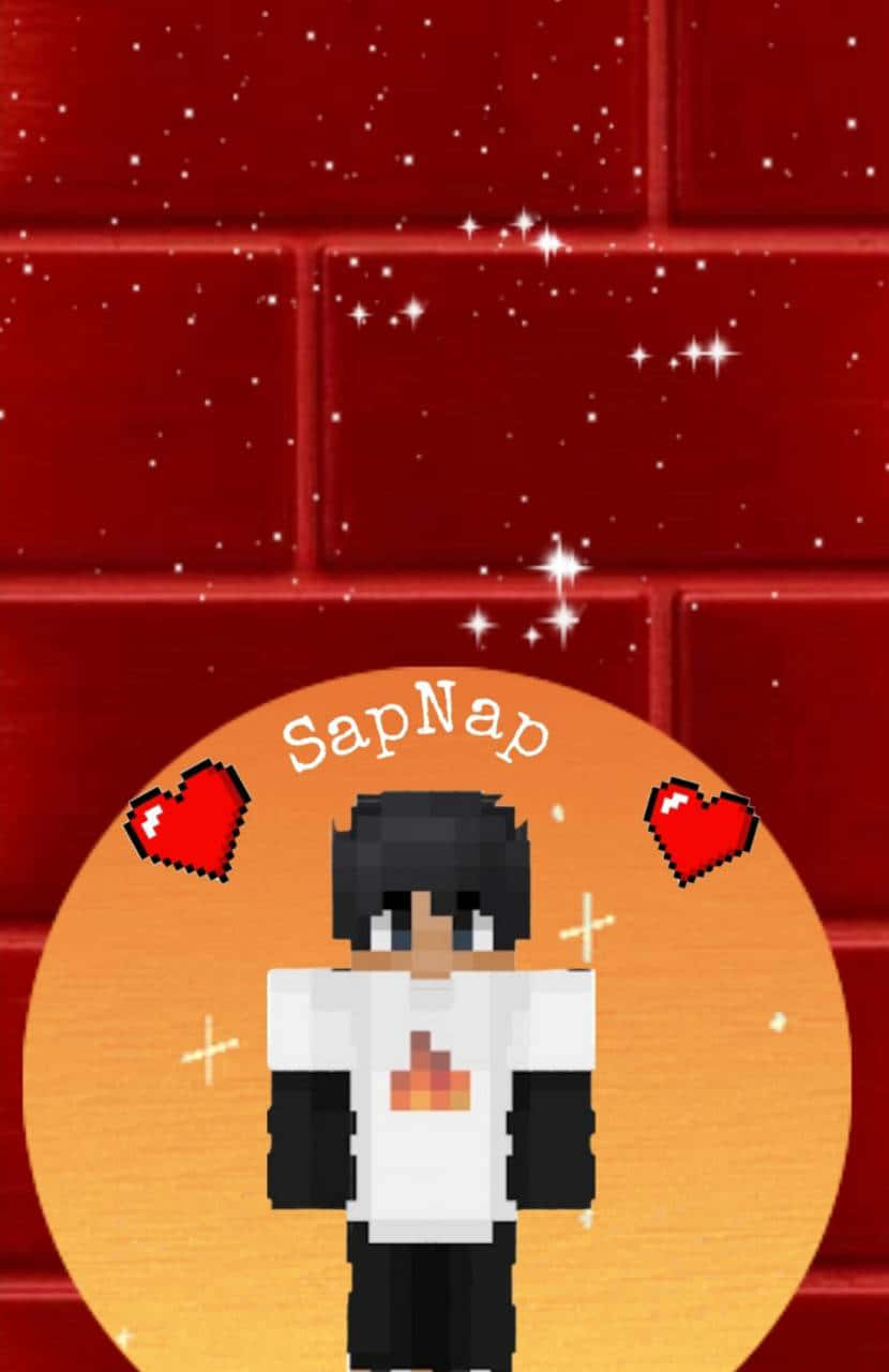 Dream Team 桌布 壁紙 — 一個像素化的Minecraft風格角色，黑色頭髮和白色襯衫，站在發光的橙色圓圈內，背景是紅磚牆，上面有閃爍的星星和心形表情符號。