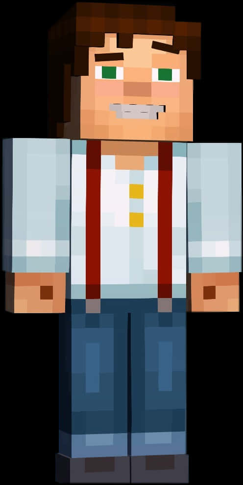 Minecraft Character 桌布 壁紙 — 一個像素化的Minecraft風格角色，棕色頭髮、綠色眼睛，帶著友善的笑容，穿著白色襯衫、紅色吊帶和藍色褲子。