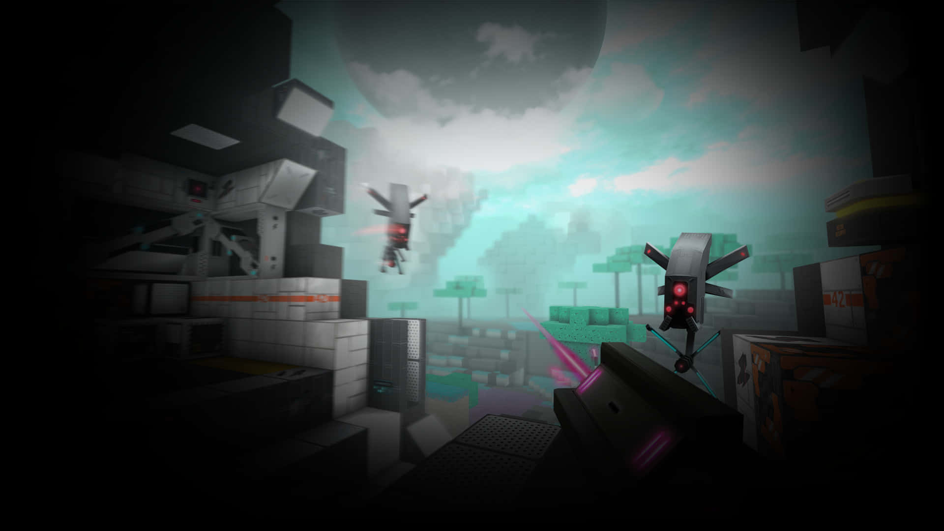 Cover Art 桌布 壁紙 — 一個像素化的Minecraft風格場景，在深色工業廢墟中，有發光的紅眼怪物，天空是青綠色。
