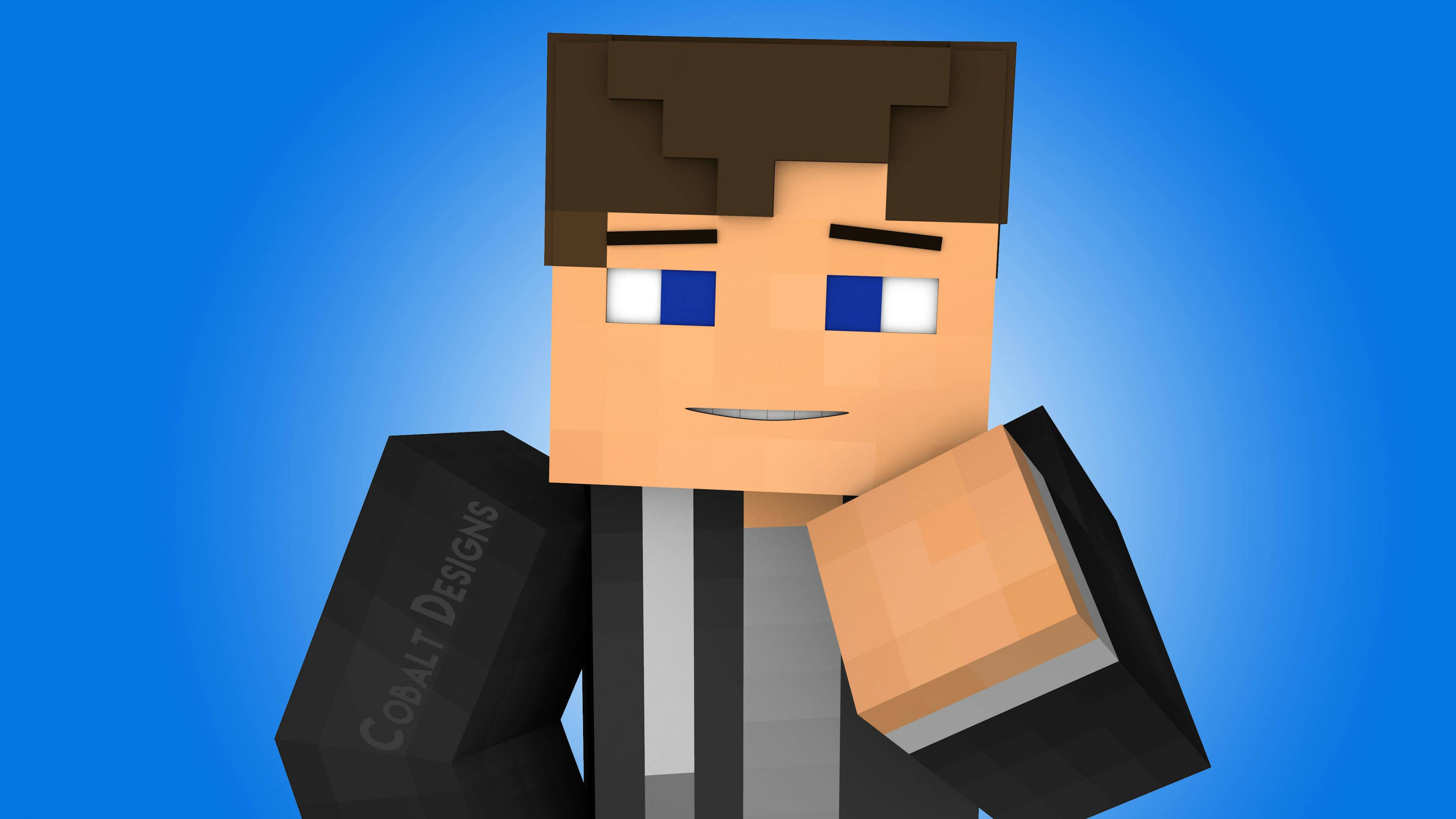 4K Minecraft 壁紙 桌布 壁紙 — 一個像素化的Minecraft風格角色，棕色頭髮藍色眼睛，微笑著手持一本黑色書本，書上寫著「COBALT DESIGNS」，背景為藍色漸變。
