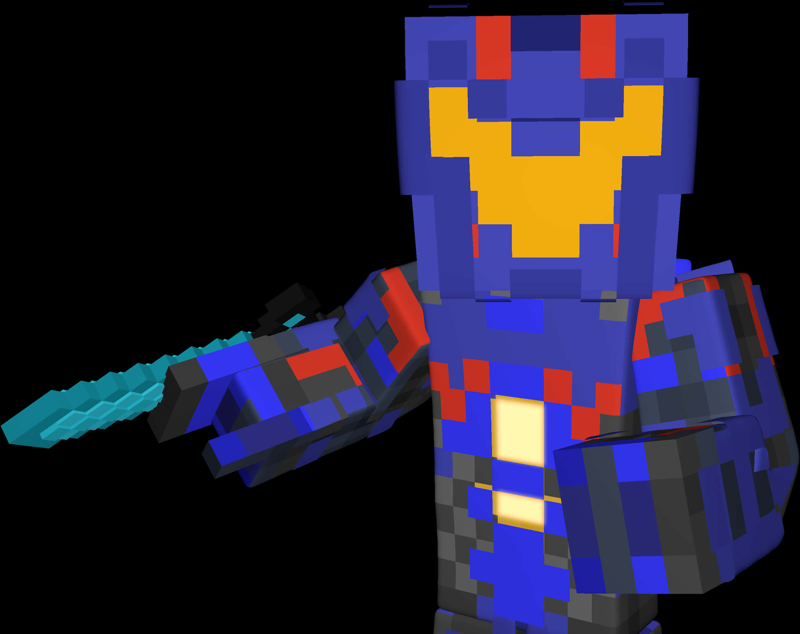 Minecraft Character 桌布 壁紙 — 一個像素化的Minecraft風格戰士，身穿藍、紅、黃色盔甲，在黑色背景上揮舞著發光的青色劍。