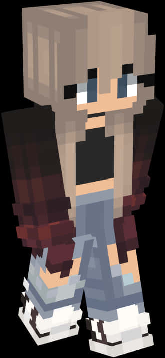Minecraft Skins 桌布 壁紙 — 一個像素化的Minecraft風格角色，長長的金髮和藍色眼睛，穿著黑色短版上衣和格子外套。