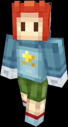 Minecraft Character 桌布 壁紙 — 一個像素化的Minecraft風格角色，紅頭髮，藍色襯衫上有黃色星星。
