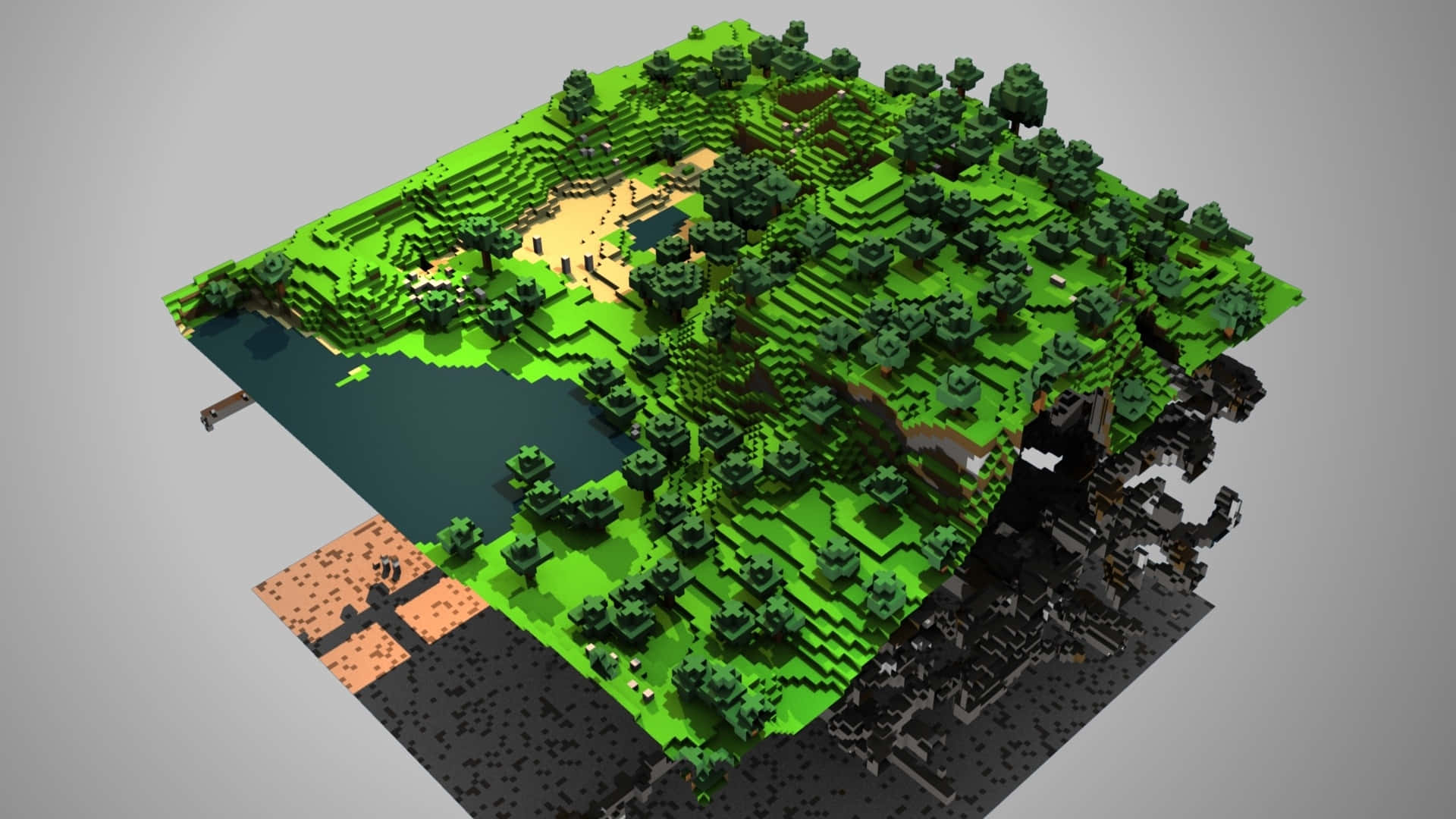 Minecraft Map 桌布 壁紙 — 一個像素化的Minecraft風格島嶼，上面有綠色森林、河流和懸崖，漂浮在黑暗虛空之上。