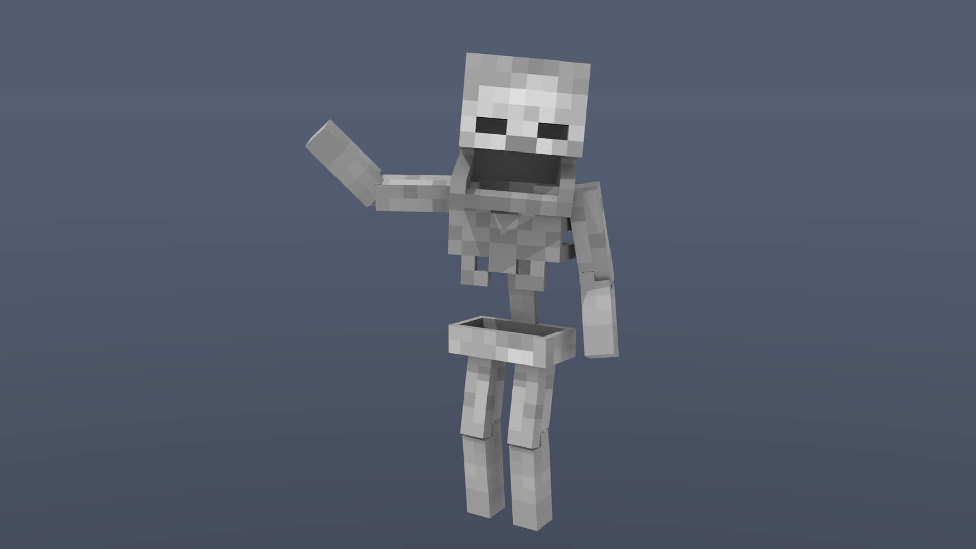 Minecraft Skeleton 桌布 壁紙 — 一個像素化的Minecraft骷髏角色在純灰色背景上揮手。