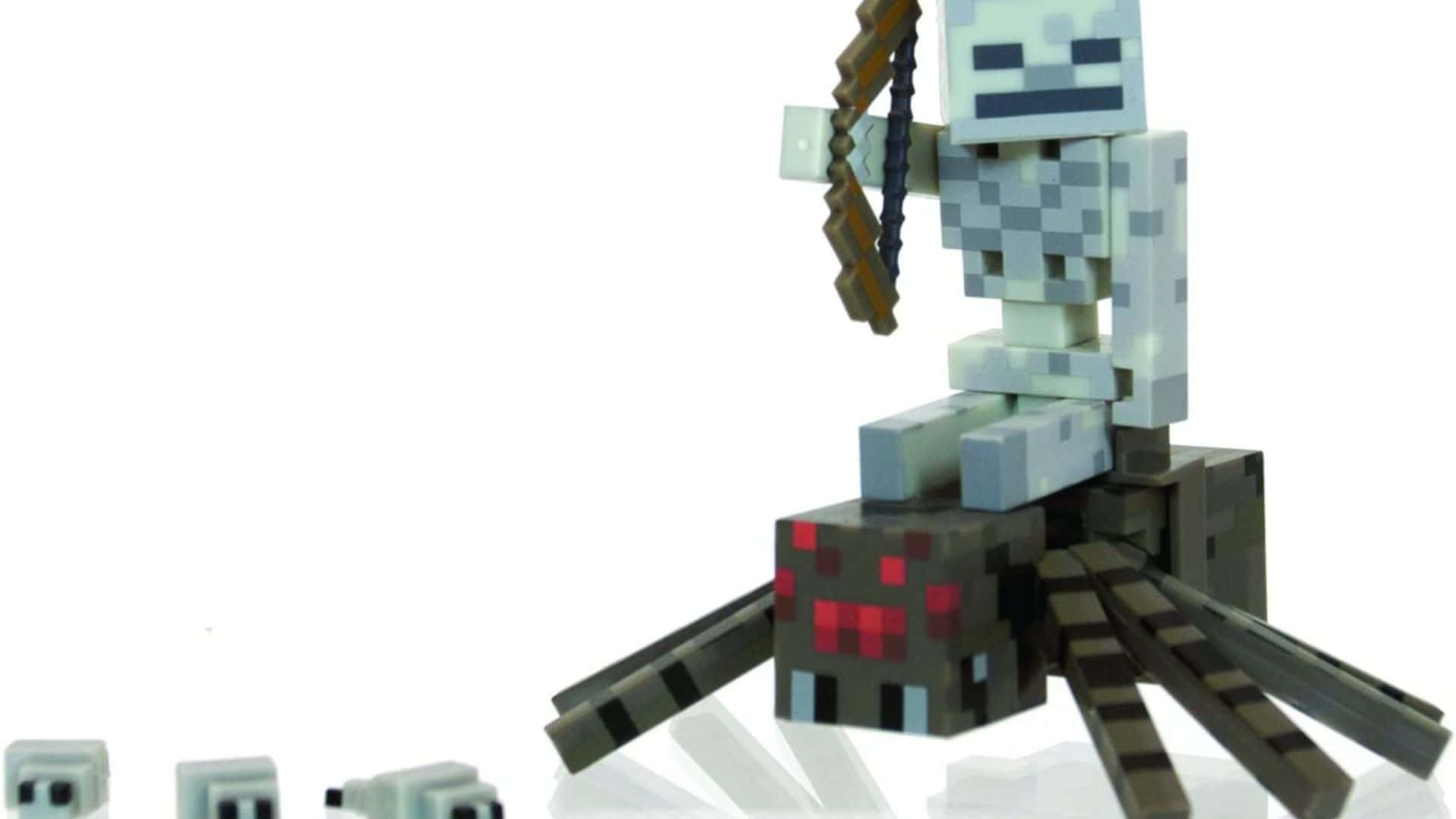 Minecraft Spider 桌布 壁紙 — 一個像素化的Minecraft骷髏騎士棲息在蜘蛛上，背景為純白色。