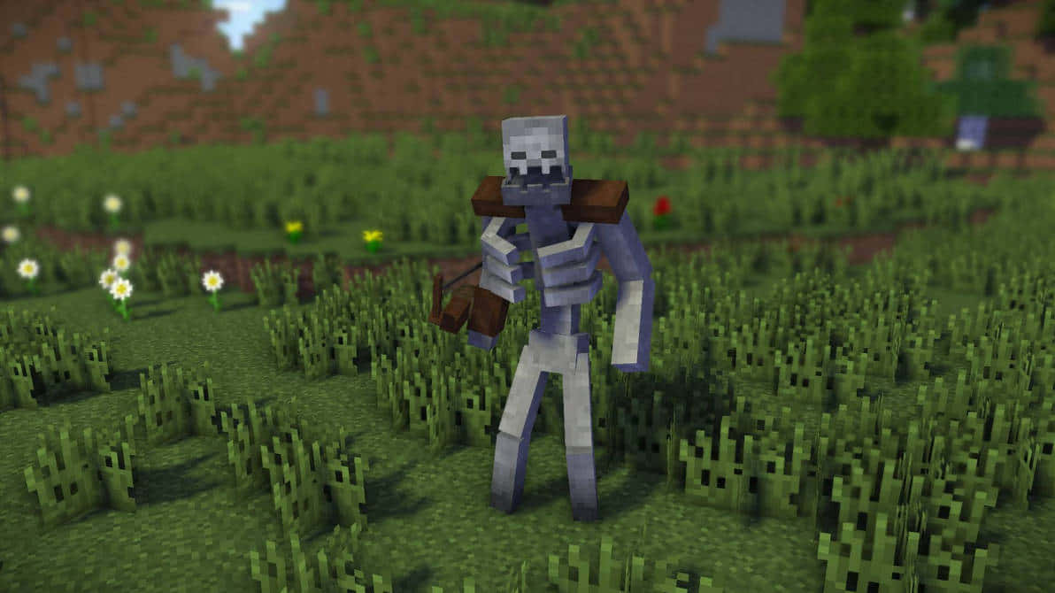 Minecraft Skeleton 桌布 壁紙 — 一個像素化的Minecraft骷髏站在一片點綴著白色和黃色花朵的草地上，天空明亮。
