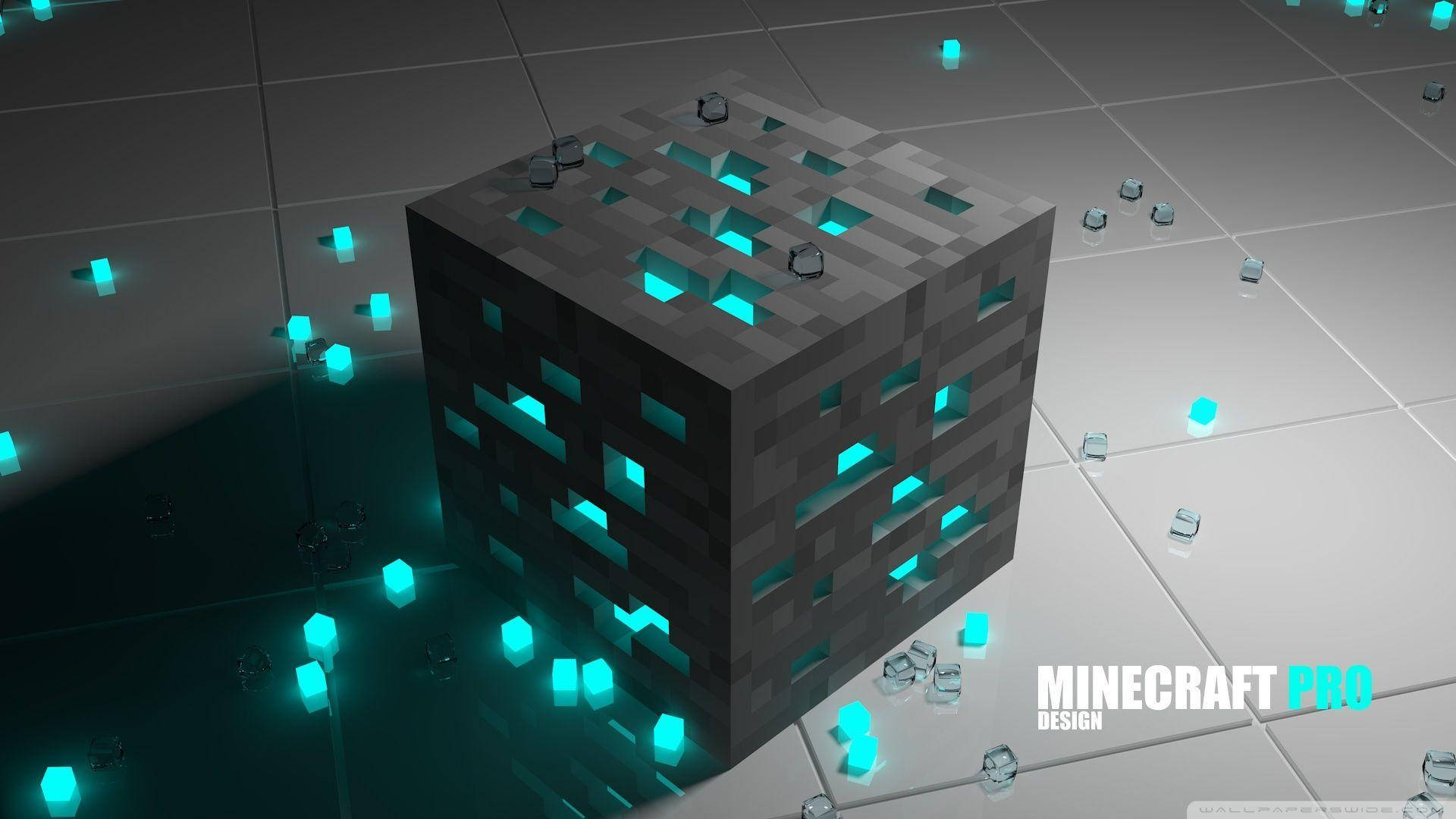 4K Minecraft 壁紙 桌布 壁紙 — 一個像素化的Minecraft黑曜石方塊，表面嵌有發光的青色方塊，放置在反光的瓷磚地板上。