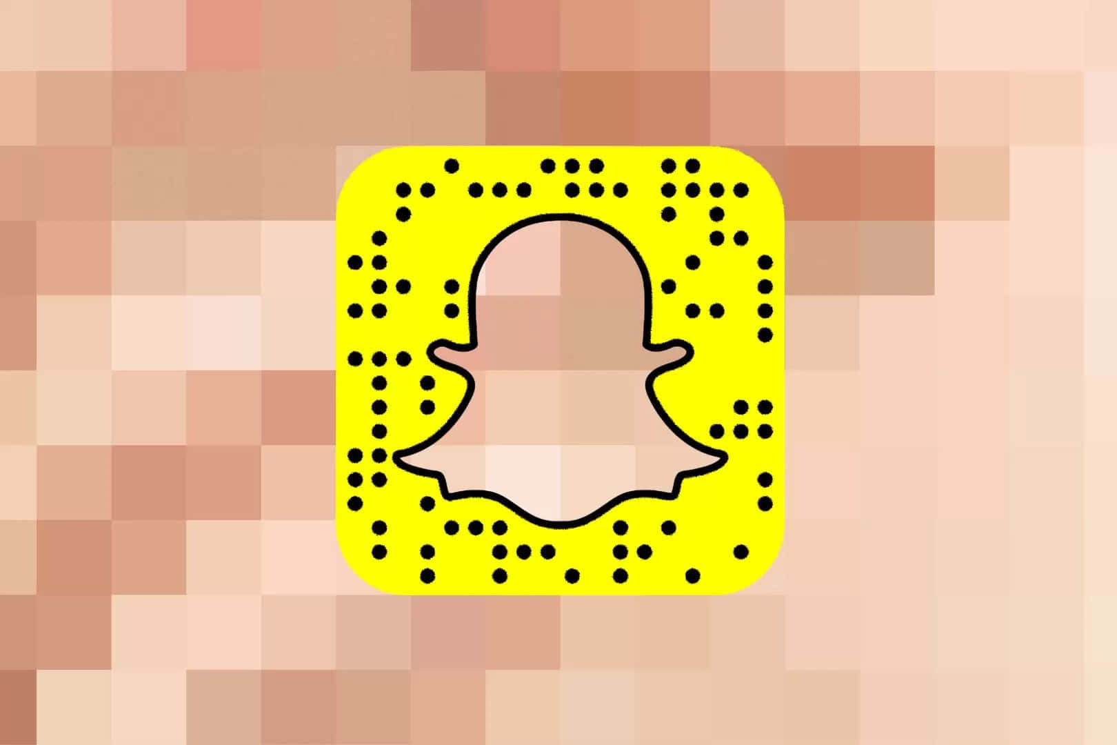 Snapchat 桌布 壁紙 — 一個像素化的Snapchat標誌，黃色正方形和鬼魂圖示居中在柔和的桃色背景上。