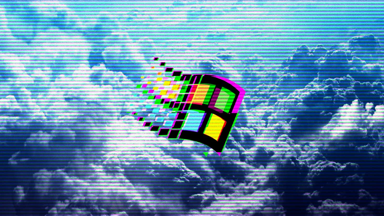 Windows 98 桌布 壁紙 — 一個像素化的Windows標誌在帶有故障效果的藍天和蓬鬆雲朵背景下分解成彩色方塊。