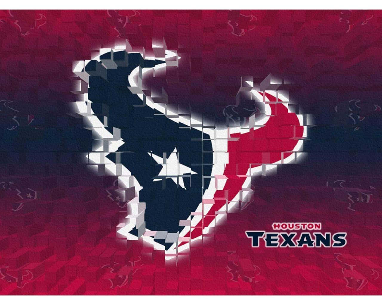 Houston Texans Logo 桌布 壁紙 — 一個像素化的休士頓德州人隊標誌從帶有模糊球隊標記的紅色紋理背景中浮現。