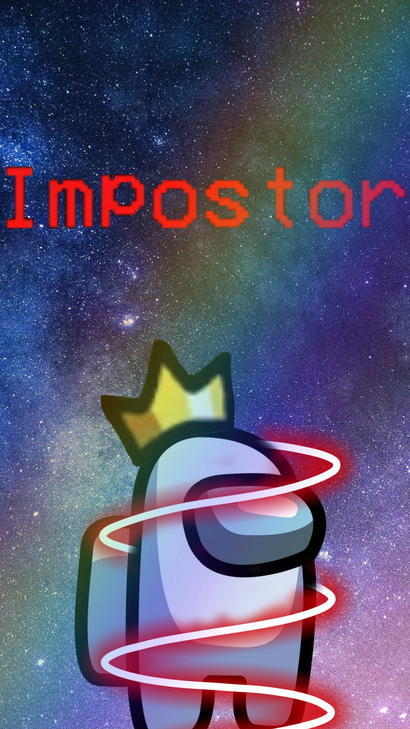 Among US Impostor 桌布 壁紙 — 一個像素化的冒名頂替角色，戴著皇冠和發光的紅色螺旋，站在星光燦爛的宇宙背景前，紅色字寫著「冒名頂替」。