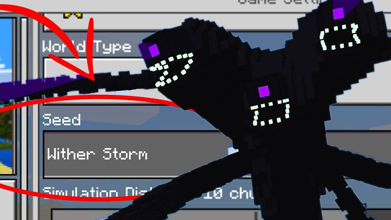 Wither 桌布 壁紙 — 一個像素化的凋零風暴首領在Minecraft的世界設定選單上聳立，帶有發光的眼睛和紫色點綴。