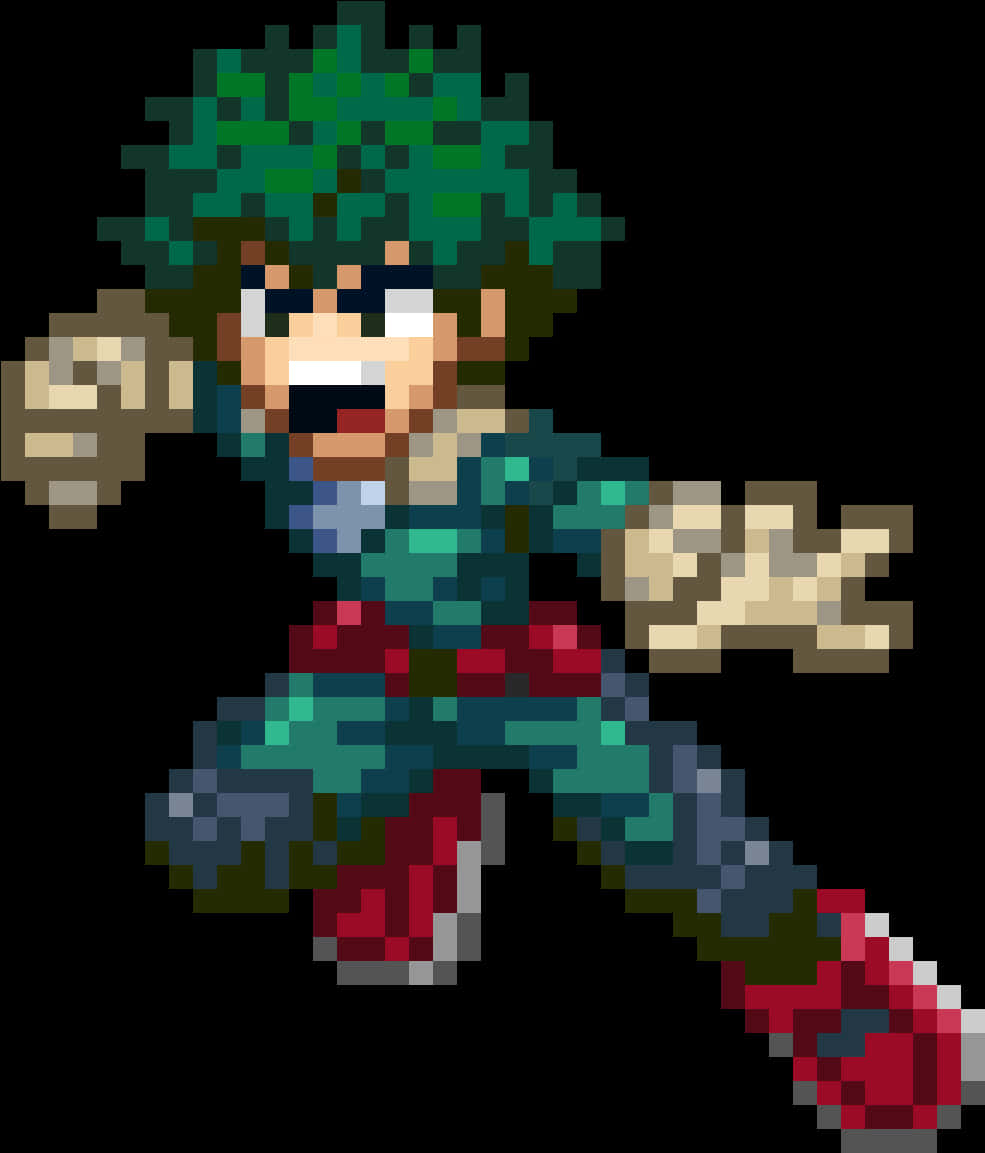 My Hero Academia Anime 桌布 壁紙 — 一個像素化的動漫英雄，綠色頭髮和紅色靴子，在黑色背景上擺出動態姿勢。