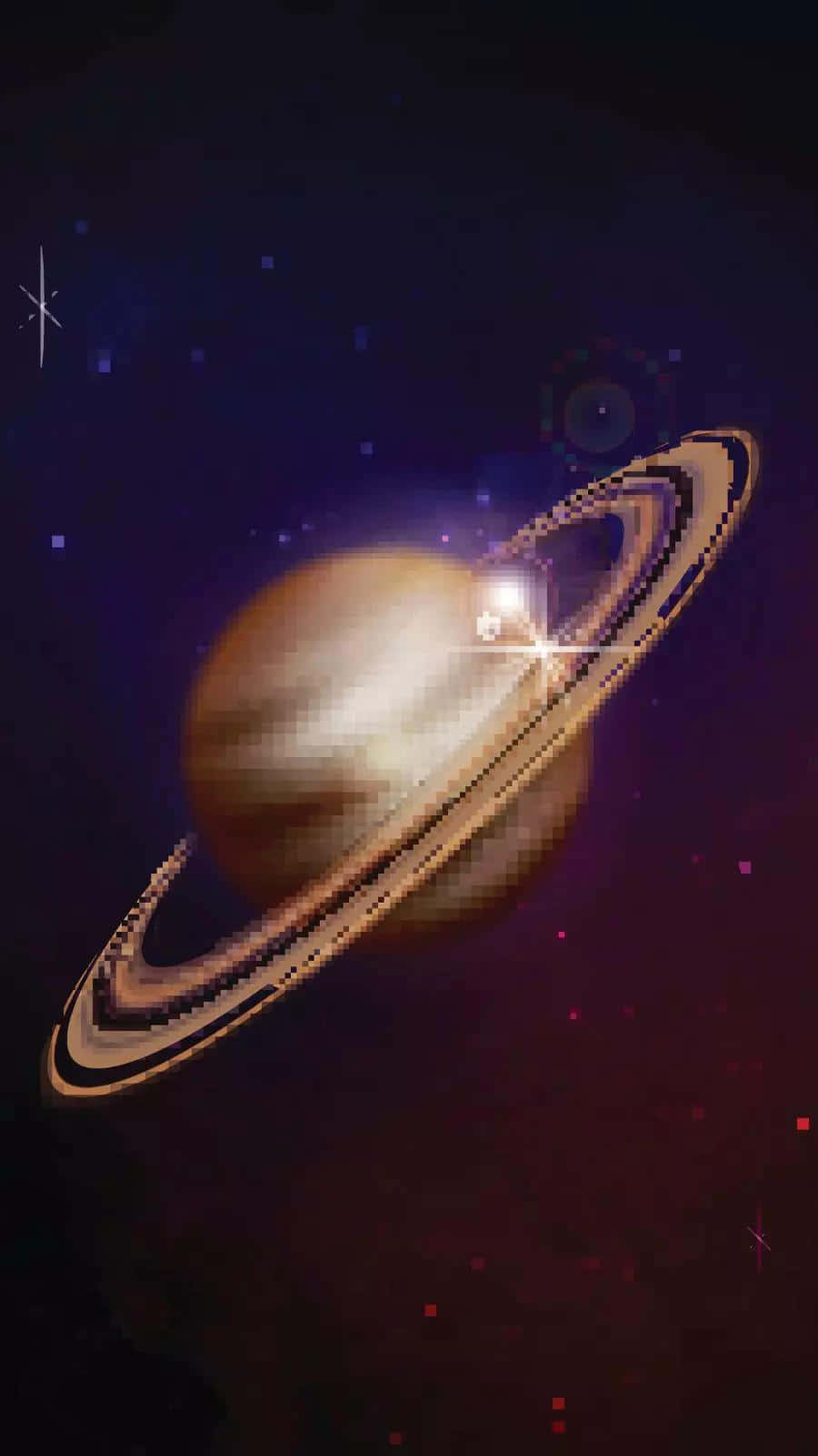 土星 桌布 壁紙 — 一個像素化的土星帶著發光的環，漂浮在一個有紫色和紅色星雲的星空宇宙虛空中。