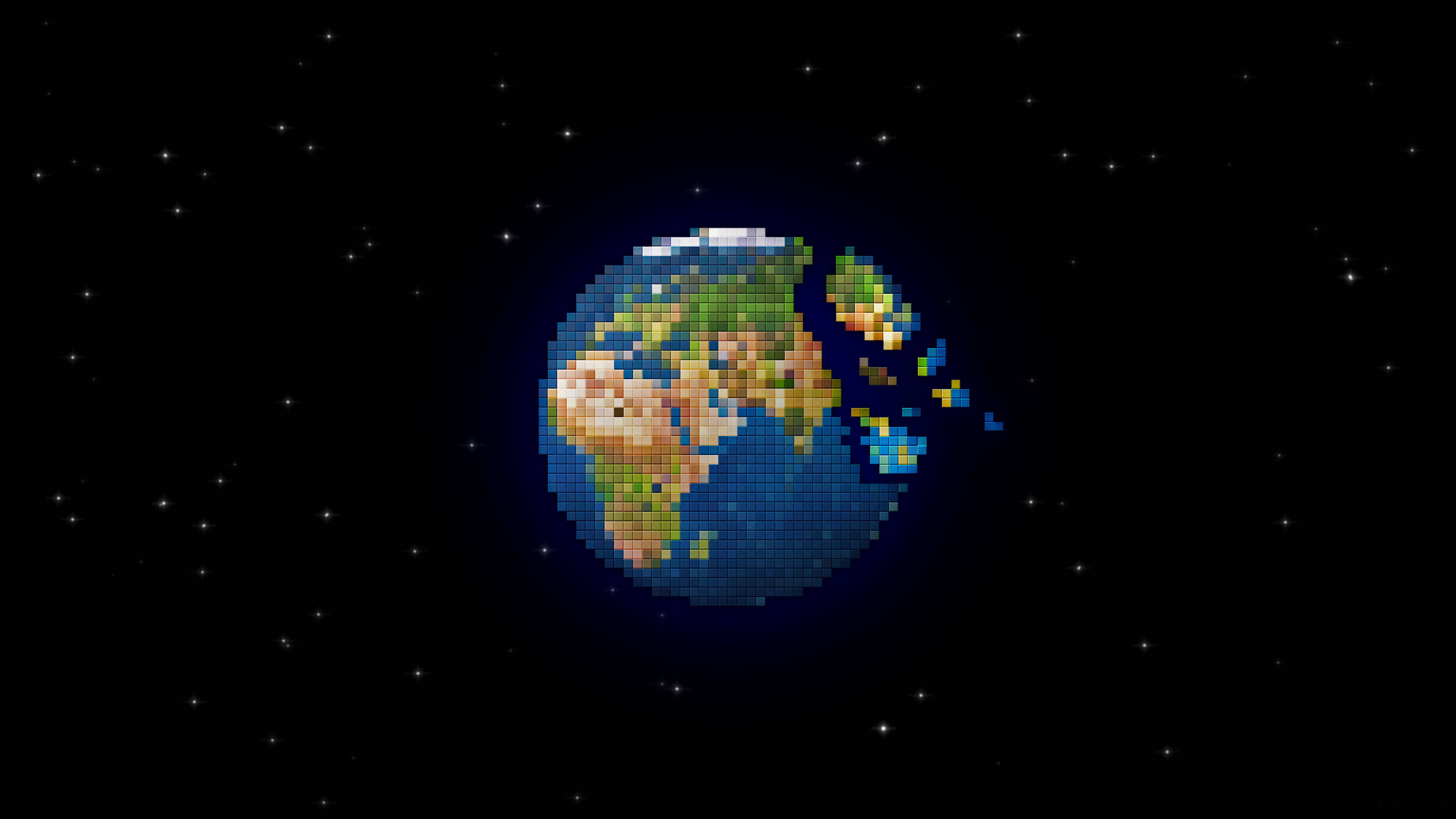 像素藝術 桌布 壁紙 — 一個像素化的地球，帶有可見的大陸，漂浮在星空之中，以復古電子遊戲風格呈現。
