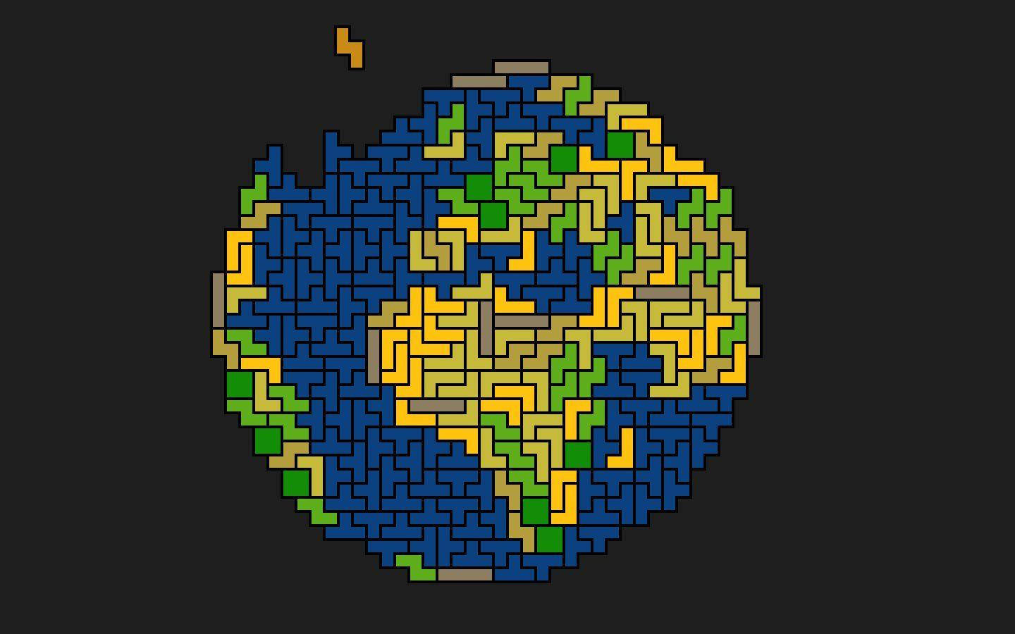 game 桌布 壁紙 — 一個像素化的地球儀，有藍色海洋、綠色陸地和黃色路徑，在深色背景上形成迷宮。