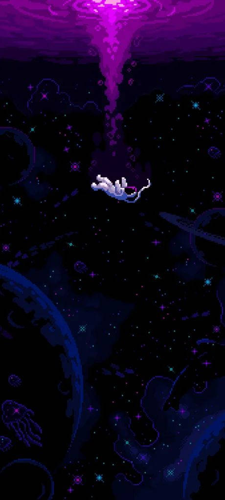 暗紫色美學 桌布 壁紙 — 一個像素化的太空人在充滿發光紫色和藍色星星及星雲的宇宙虛空中漂流。