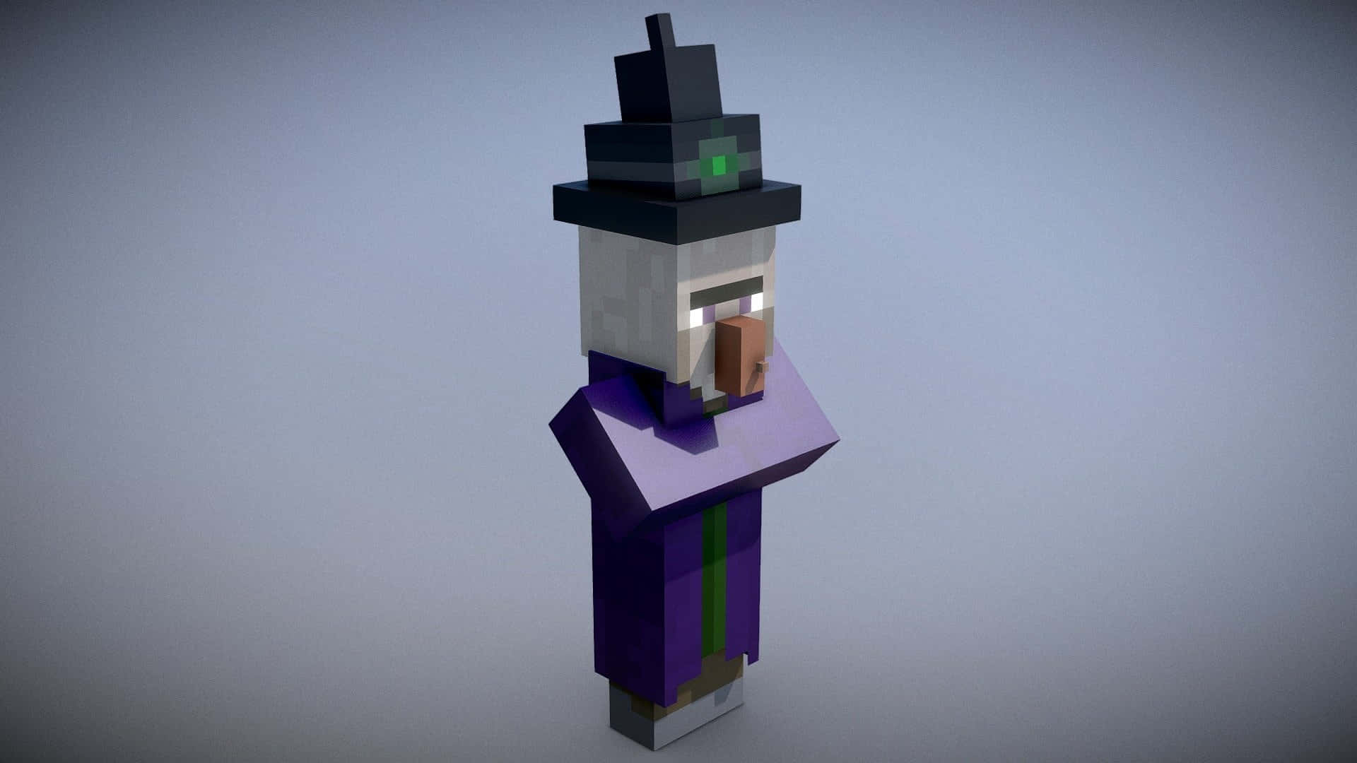 Minecraft Witch 桌布 壁紙 — 一個像素化的女巫，戴著黑色帽子，穿著紫色長袍，站在純灰色背景前。