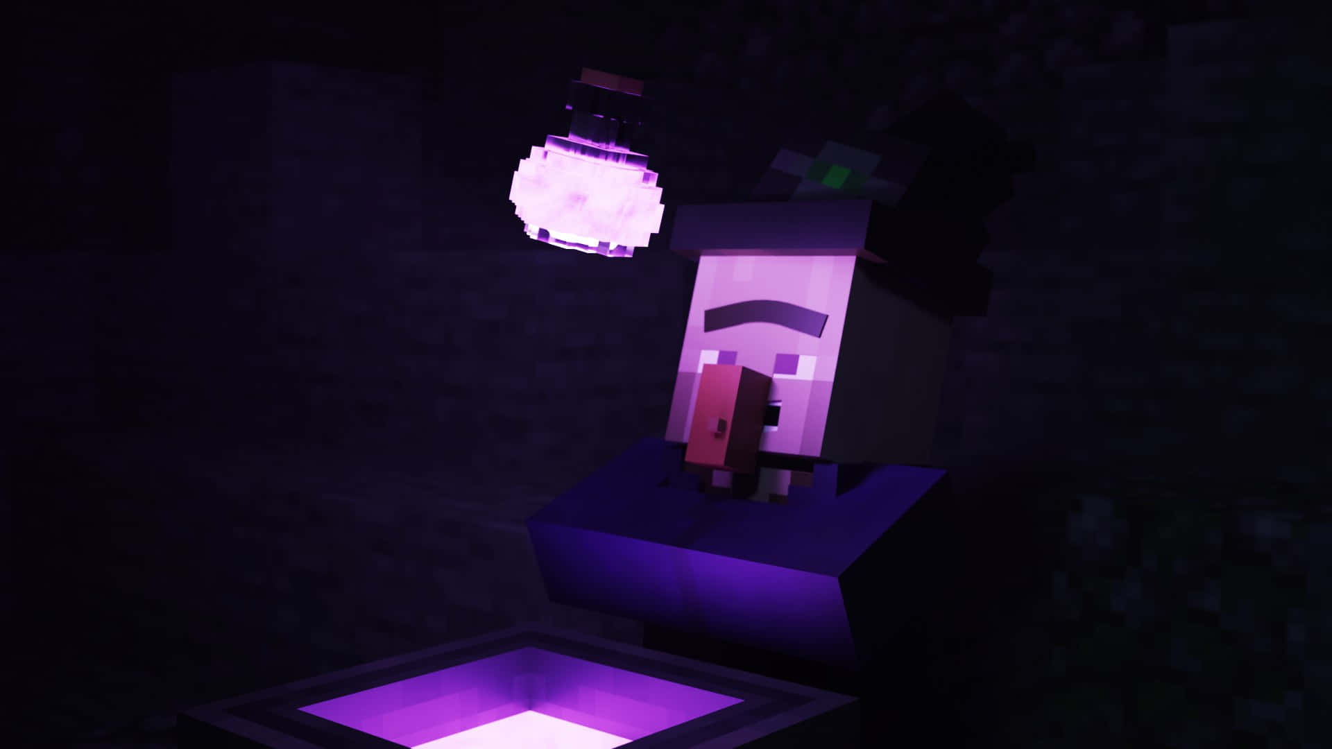 Minecraft Witch 桌布 壁紙 — 一個像素化的女巫在黑暗洞穴中，在漂浮的燈籠下面拿著一瓶發光的紫色藥水。