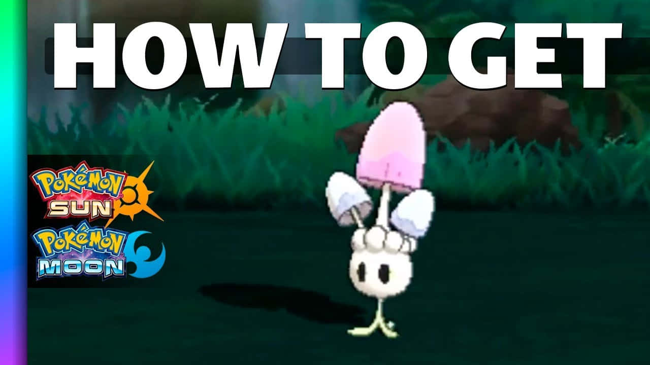 Morelull 桌布 壁紙 — 一個像素化的寶可夢角色站在草地上，帶有「HOW TO GET」文字和寶可夢 太陽／月亮標誌。