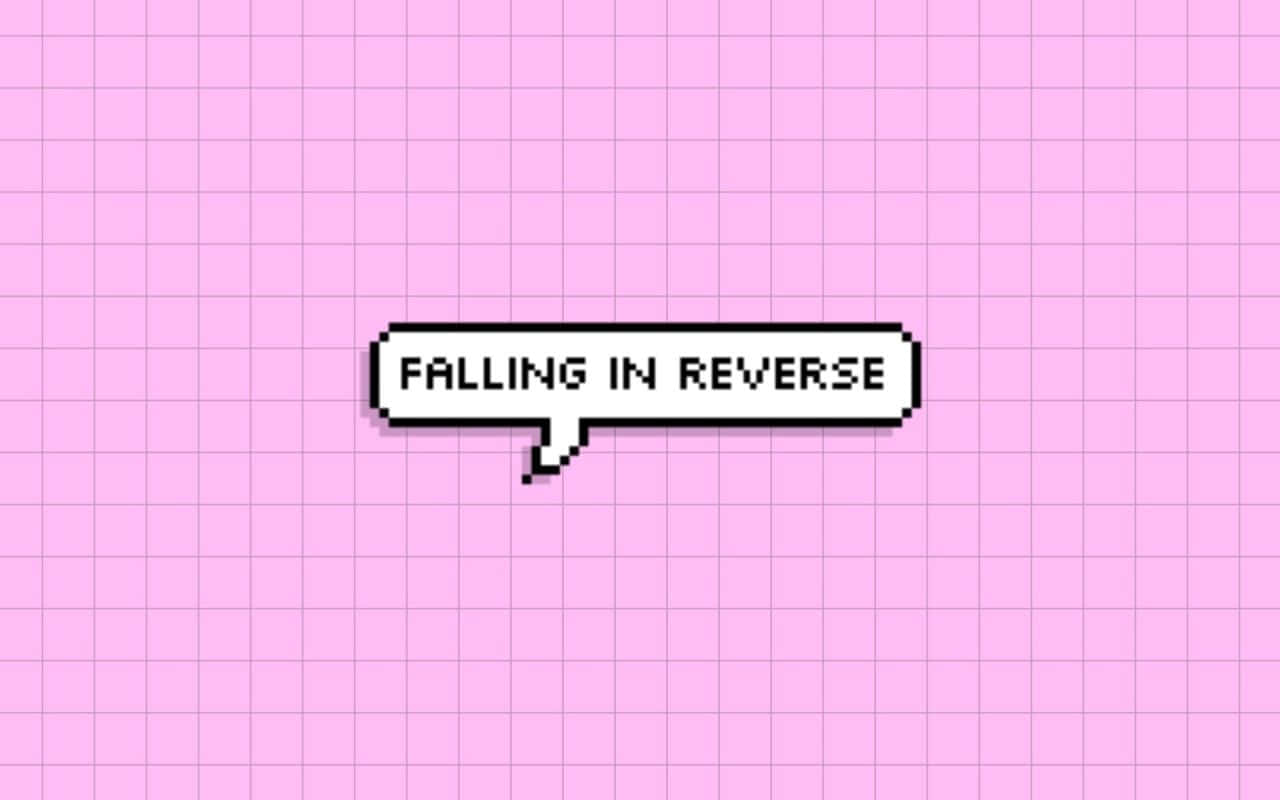 Pink Grid 桌布 壁紙 — 一個像素化的對話框，上面寫著「FALLING IN REVERSE」，漂浮在柔和的粉紅色網格背景上。