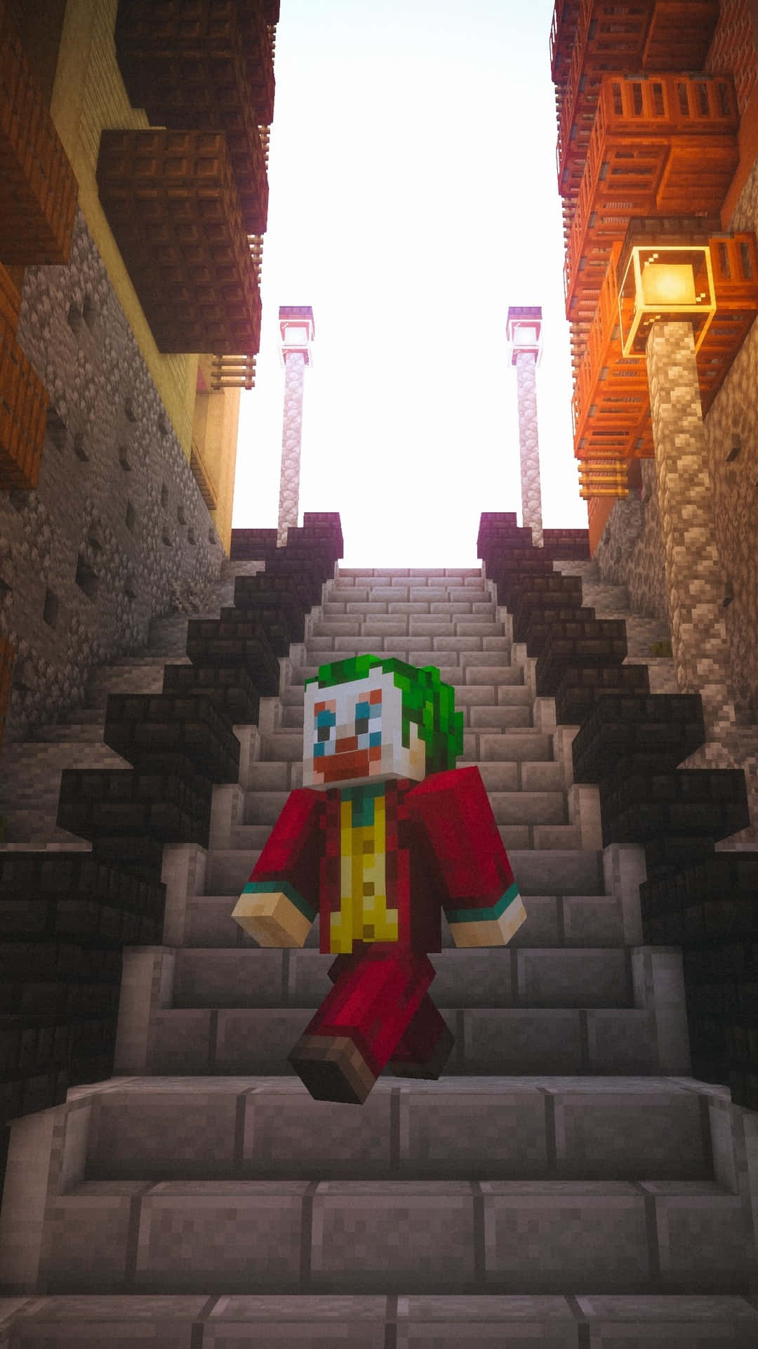 Minecraft Phone 桌布 壁紙 — 一個像素化的小丑角色身穿紅色西裝，在明亮的日光下站在石階底部，兩旁是木製建築。