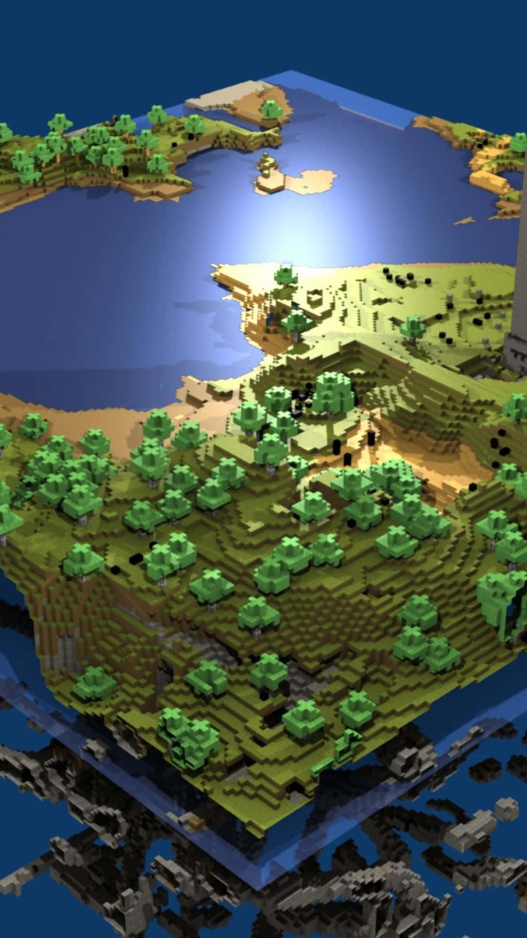 Aesthetic Gaming 桌布 壁紙 — 一個像素化的島嶼，有綠色樹木和棕色地形，漂浮在水面上，處於方塊狀的Minecraft風格世界中。