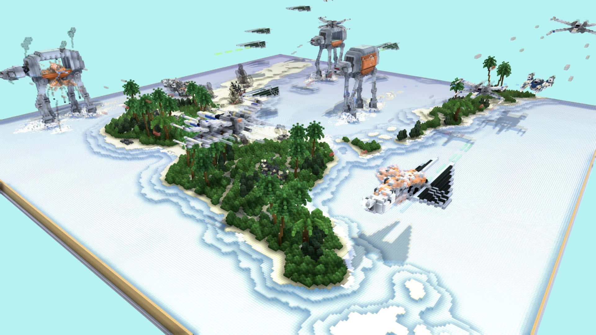 The Battle Of Scarif 桌布 壁紙 — 一個像素化的島嶼戰場，有AT-AT步行機和星際戰機，呈現Minecraft風格的星際大戰場景。