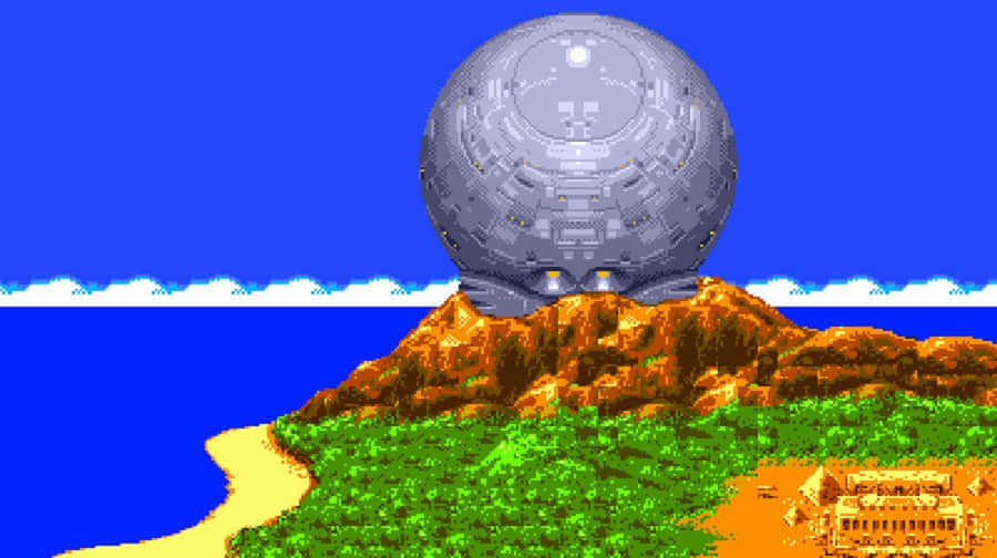 Sonic Launch Base Zone 桌布 壁紙 — 一個像素化的巨大金屬球體坐落於一個岩石島上，島上有綠草和一座小建築物，在明亮的藍天下。