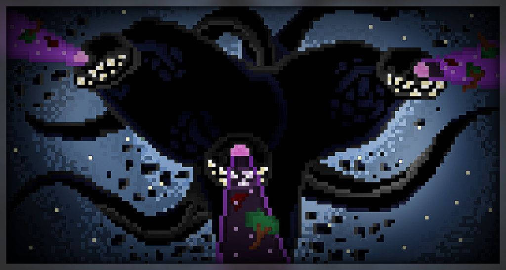 Wither 桌布 壁紙 — 一個像素化的巫師穿著紫色長袍，在星空夜空中面對一隻擁有發光眼睛和觸手的巨大黑暗章魚。