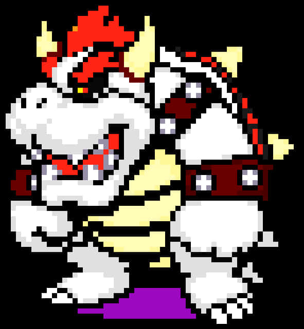 bowser 桌布 壁紙 — 一個像素化的庫巴，紅髮和帶刺的殼，在黑色背景上威風凜凜地站立。