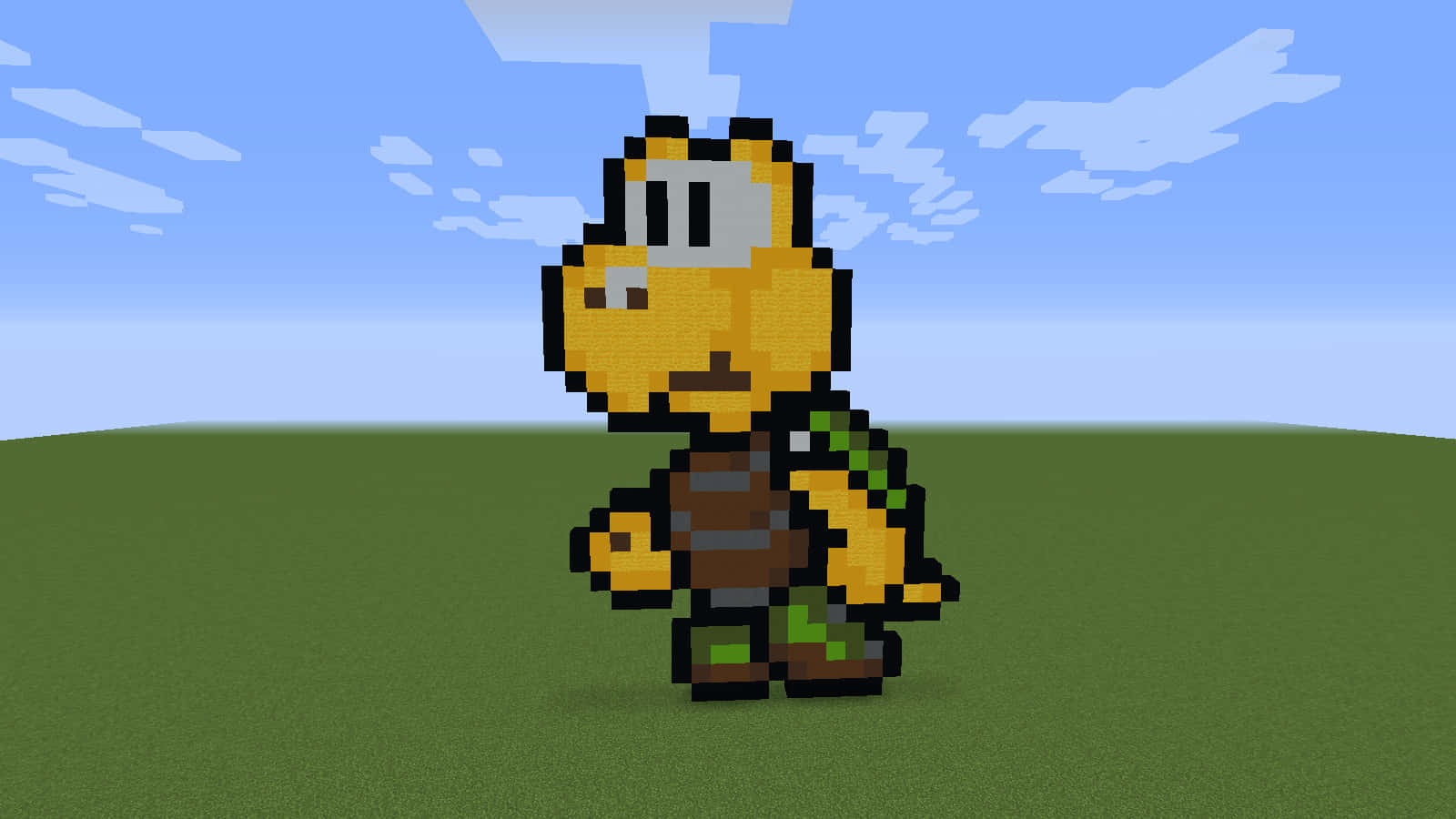 Koopa Troopa 桌布 壁紙 — 一個像素化的庫巴龜站在藍天白雲下的綠色草地上。