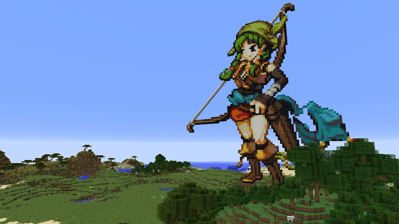 Minecraft Art 桌布 壁紙 — 一個像素化的弓箭手站在草坡上，俯瞰著晴朗藍天下方塊狀的Minecraft景觀。