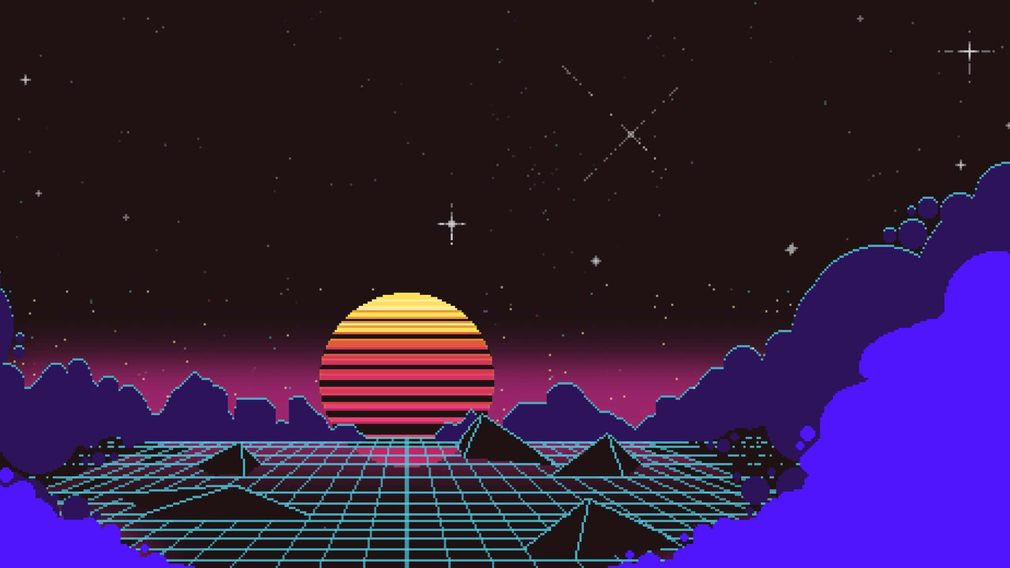 桌布 壁紙 — 一個像素化的復古未來主義日落，在繁星點點的夜空下，發光的網格景觀上有一條紋太陽。