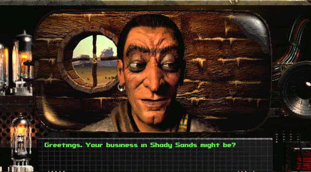 Fallout Characters 桌布 壁紙 — 一個像素化的復古電玩角色帶著疲憊的表情，透過磚牆上的圓形窗戶窺視。