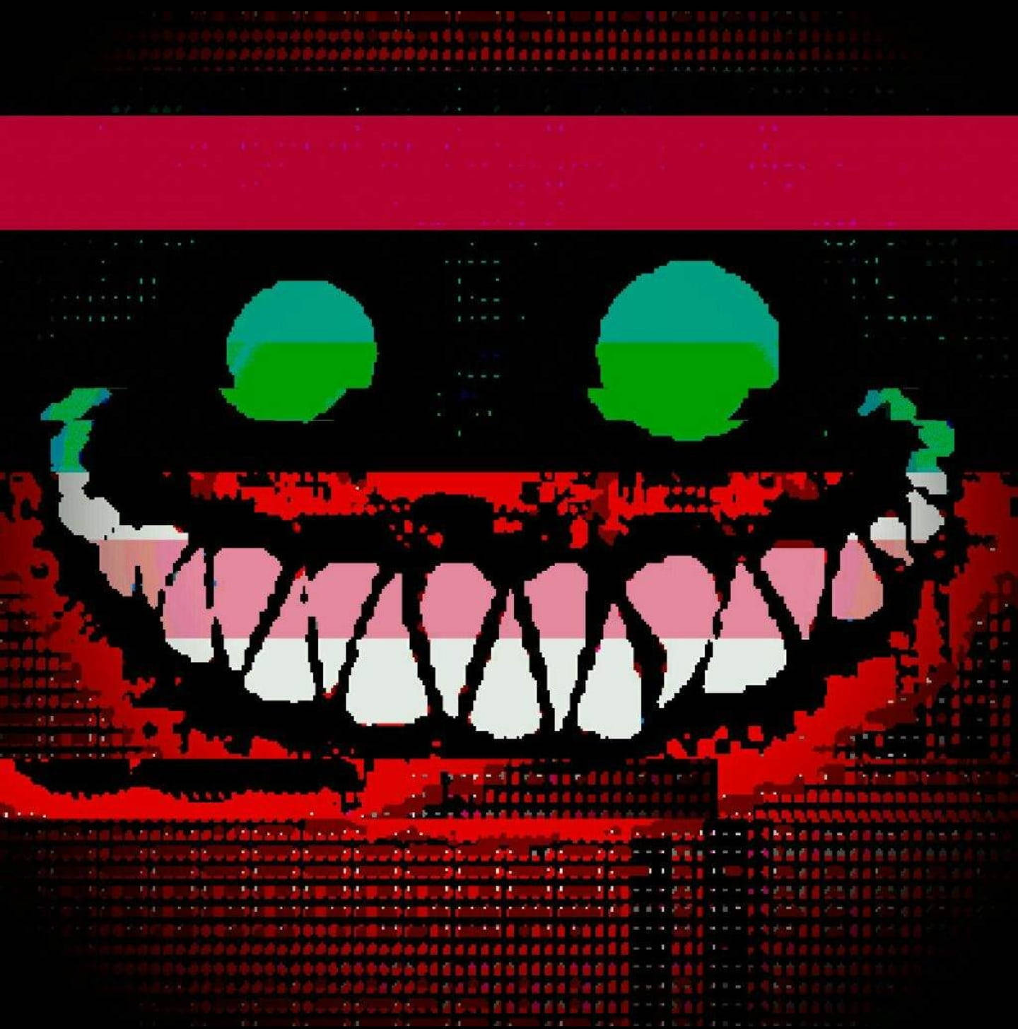 Scary Face 桌布 壁紙 — 一個像素化的恐怖面孔，帶有發光的綠色眼睛和粉紅色與白色牙齒的寬闊笑容，背景是故障的紅色和黑色。